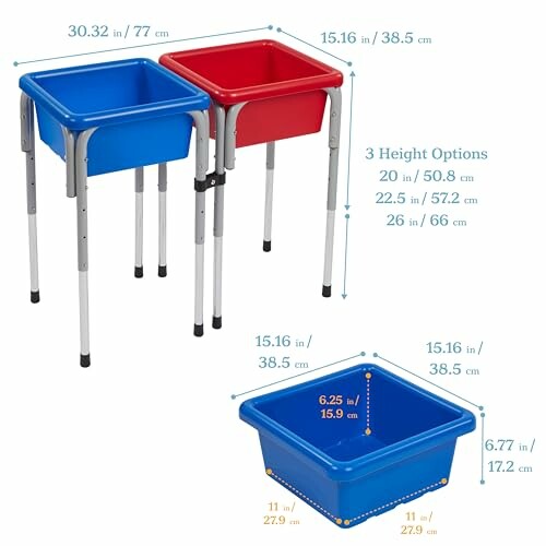 Adjustable height sensory table with blue and red tubs.