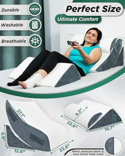 Woman using adjustable leg wedge pillow for comfort.