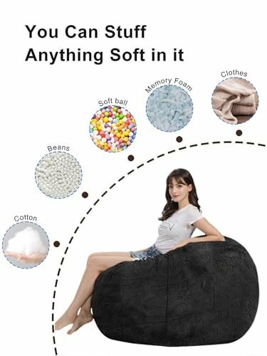 Woman sitting on a bean bag with fill options: beans, soft ball, memory foam, clothes, cotton.