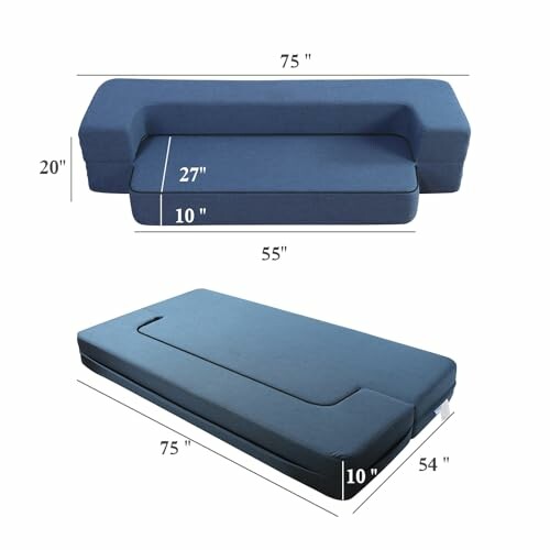 Blue convertible sofa showing dimensions in two configurations.