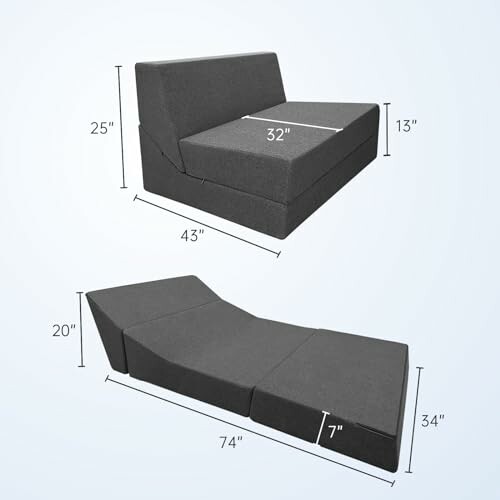 Convertible sofa bed with two configurations, showing dimensions.