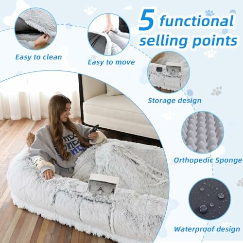 Woman with dog on plush bed highlighting features like easy to clean, move, storage, orthopedic sponge, waterproof.