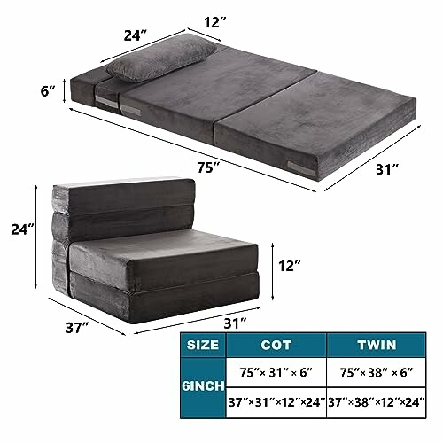 Folding foam mattress chair with dimensions and size chart.