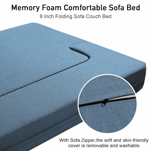 Blue memory foam folding sofa bed with zipper detail.