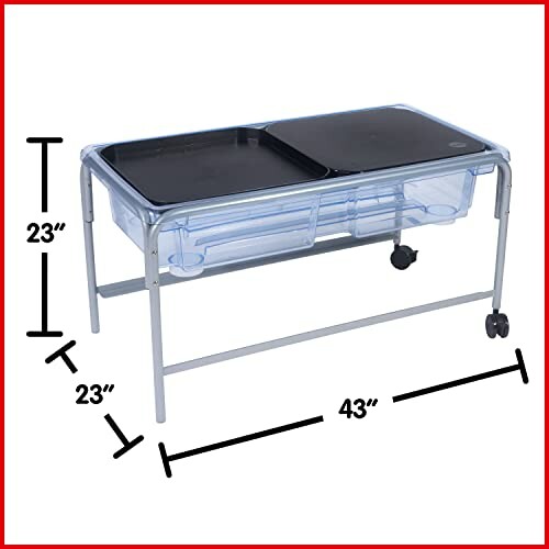 Mobile sensory table with clear storage bins and black lids, measuring 23x23x43 inches.