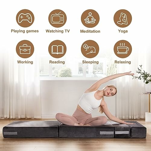 Woman practicing yoga on a folding mat with icons showing various uses like playing games, watching TV, meditation, yoga, working, reading, sleeping, and relaxing.