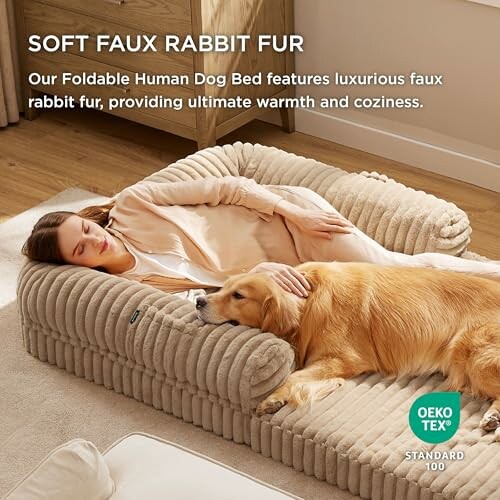 Woman and dog resting on a foldable faux rabbit fur bed in a cozy room.