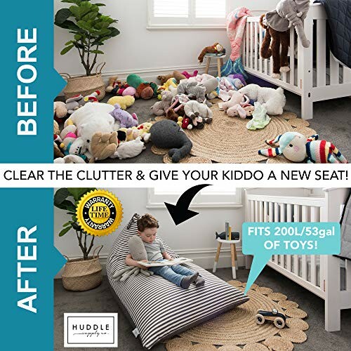 Before and after image showing toy clutter and organized room with bean bag.