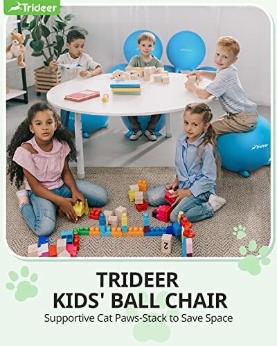 Children sitting on ball chairs around a table with toys.