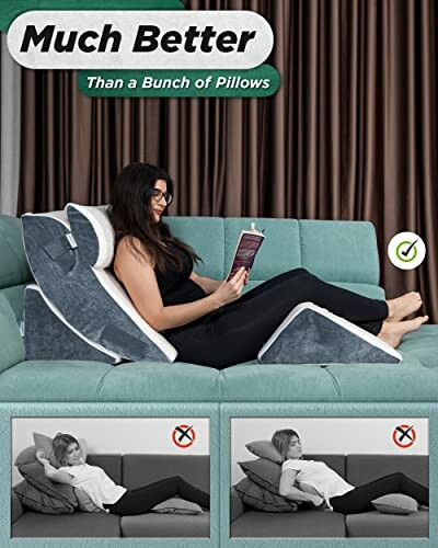 Woman using a wedge pillow on a couch while reading, with comparison images below.