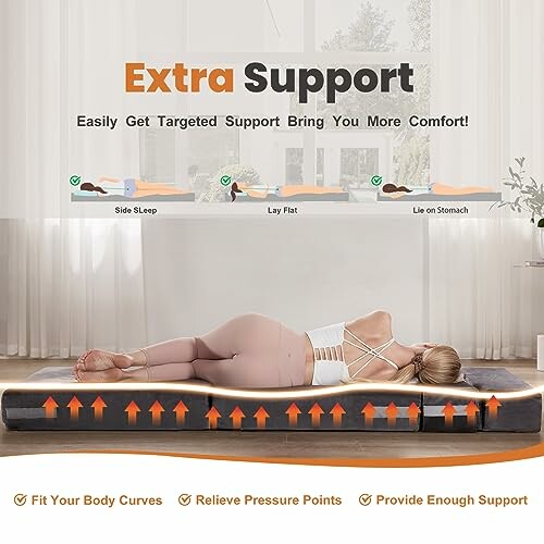 Person lying on a supportive yoga mat with illustrations of side, flat, and stomach positions.